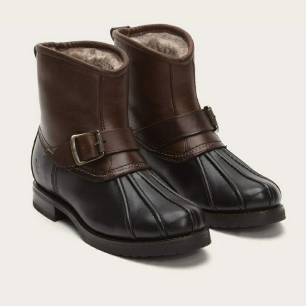 Frye Veronica Duck Engineer Shearling Lined Mid‎ Shaft Boot Black Brown 6.5 Warm - Picture 13 of 13